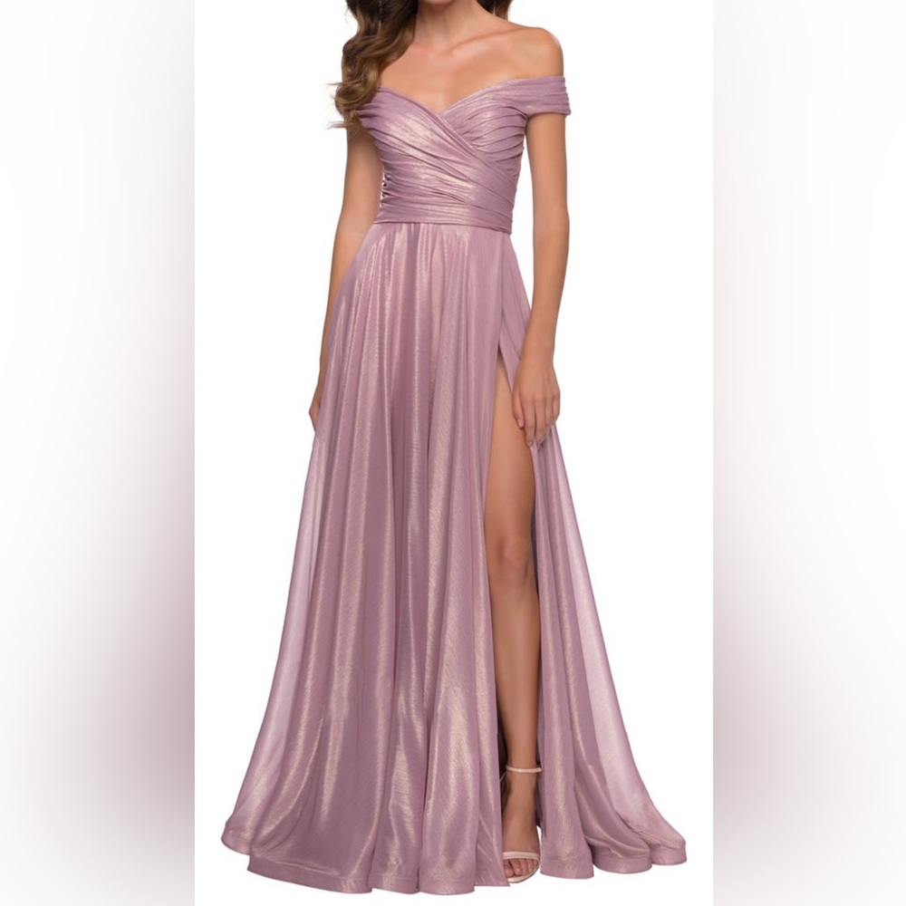 NWOT La Femme - Off the Shoulder Chiffon Gown in Pink Metallic